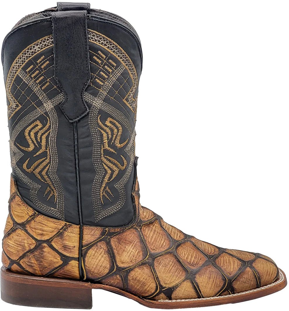 Men´s Silverton Pirarucu Mate Print Leather Wide Square Toe Boots - Honey - OriginalWestern.com