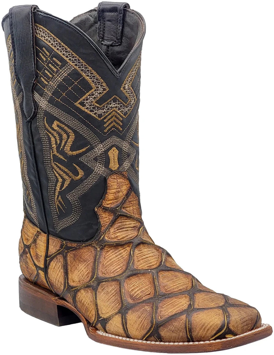 Men´s Silverton Pirarucu Mate Print Leather Wide Square Toe Boots-Honey