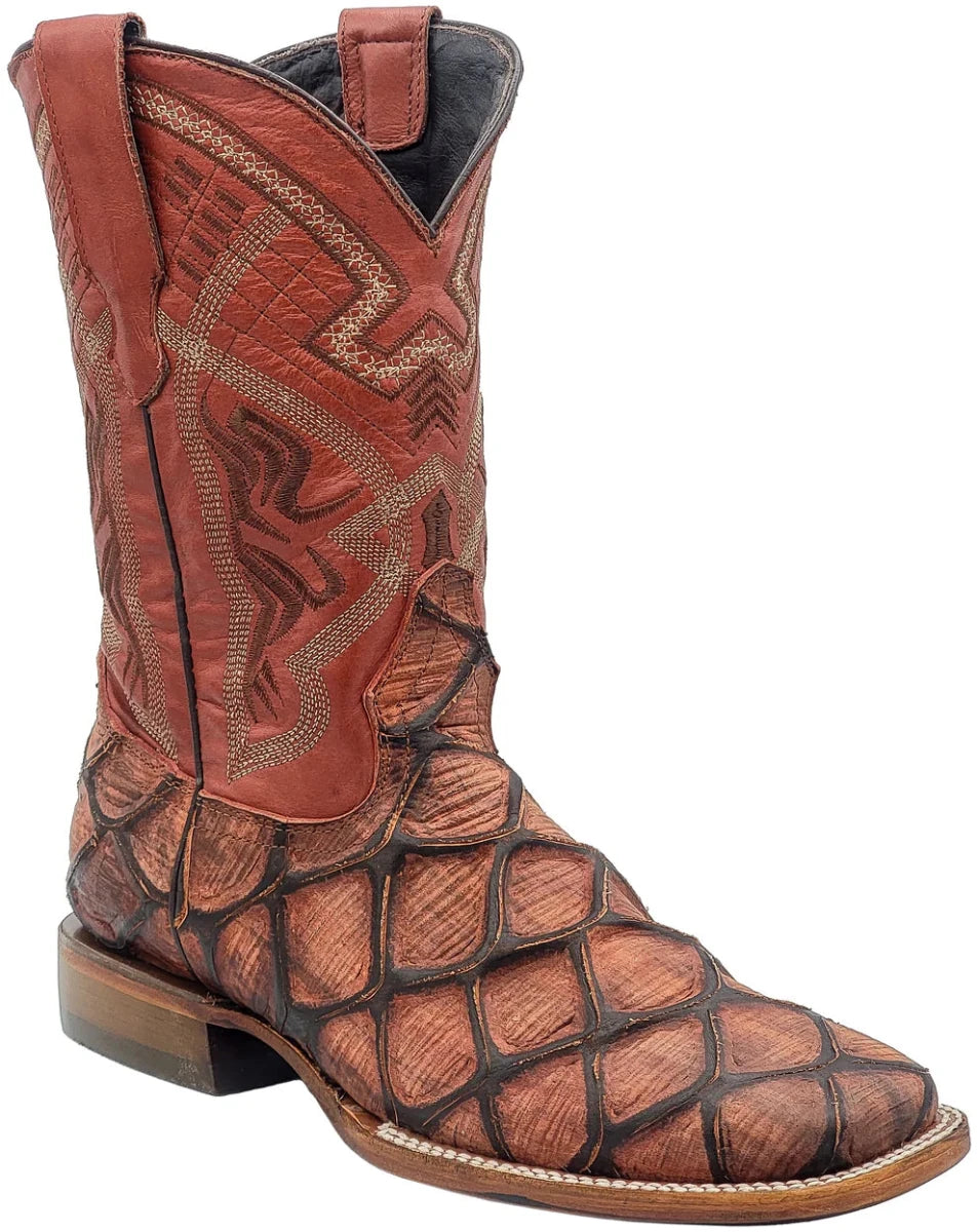 Men´s Silverton Pirarucu Mate Print Leather Wide Square Toe Boots - Shedron - OriginalWestern.com