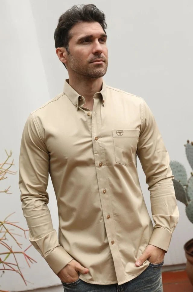 Men’s Single Pocket Logo Modern Fit Stretch Dress Shirt - Beige - OriginalWestern.com