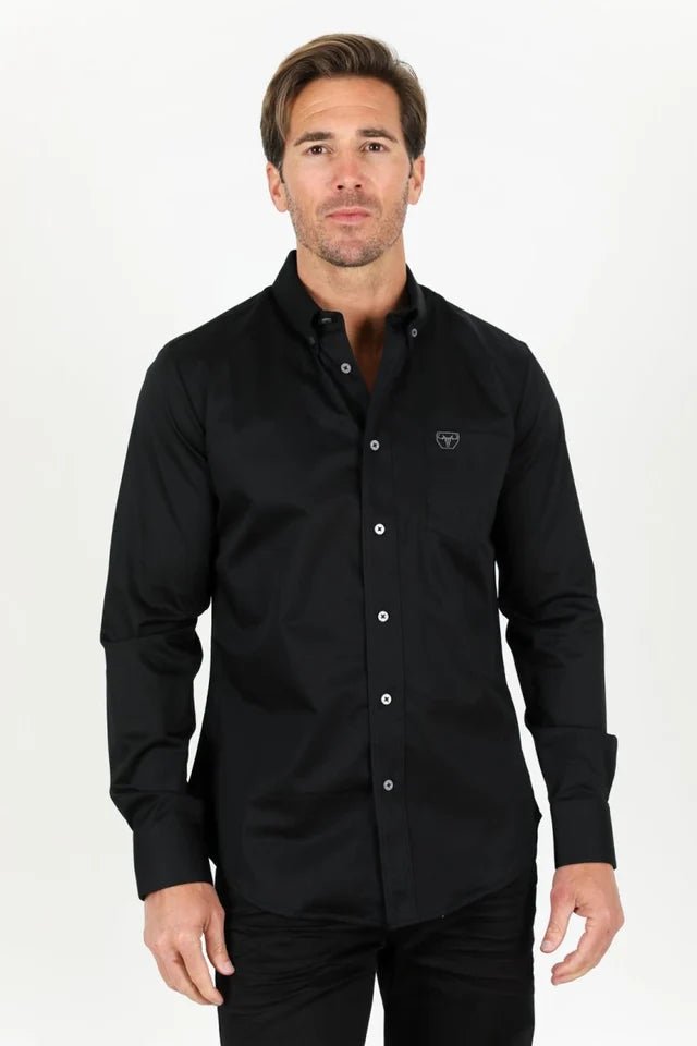 Men’s Single Pocket Logo Modern Fit Stretch Dress Shirt - Black - OriginalWestern.com