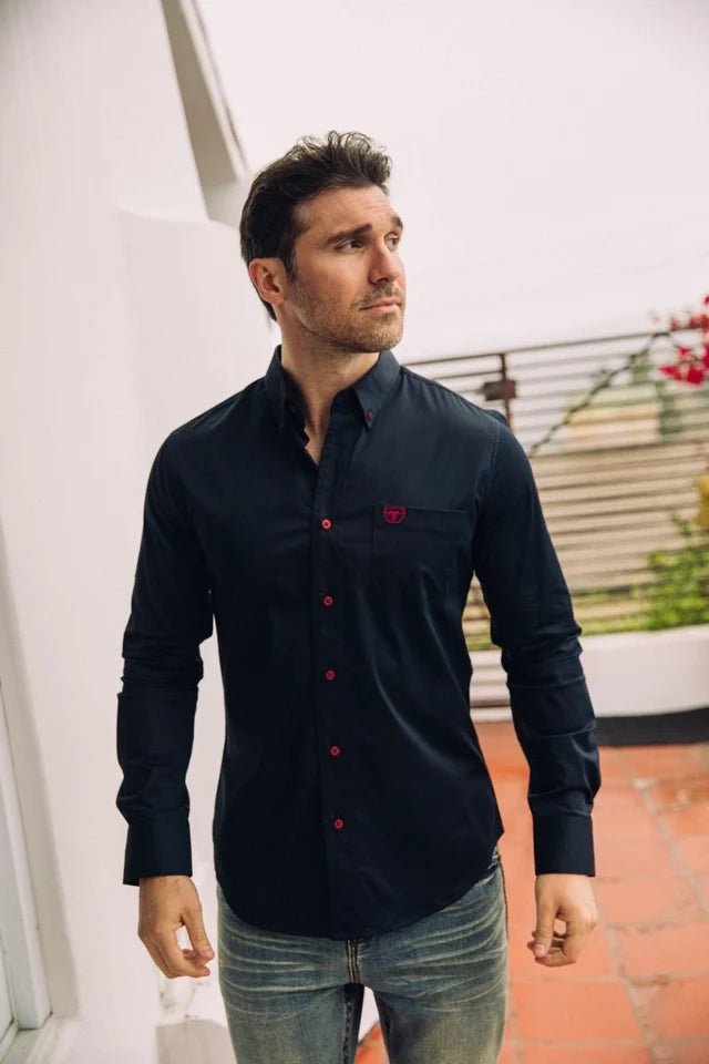 Men’s Single Pocket Logo Modern Fit Stretch Dress Shirt - Black - OriginalWestern.com