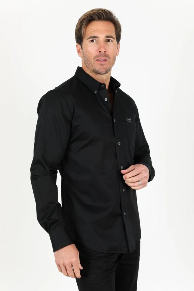 Men’s Single Pocket Logo Modern Fit Stretch Dress Shirt - Black - OriginalWestern.com