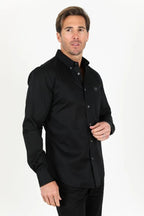 Men’s Single Pocket Logo Modern Fit Stretch Dress Shirt - Black - OriginalWestern.com