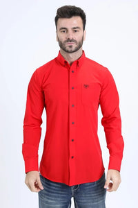 Men’s Single Pocket Logo Modern Fit Stretch Dress Shirt - Red - OriginalWestern.com