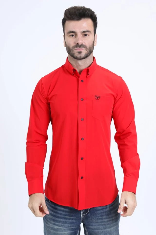 Men’s Single Pocket Logo Modern Fit Stretch Dress Shirt - Red - OriginalWestern.com
