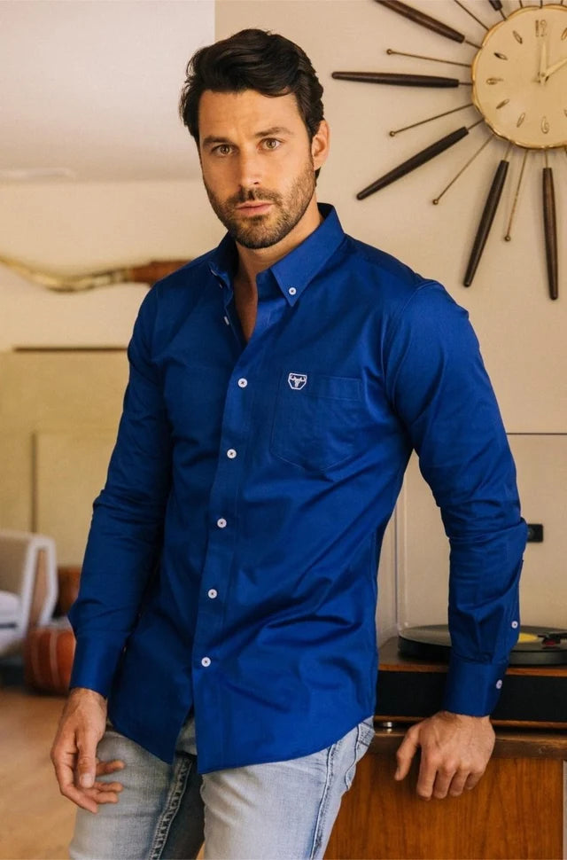 Men’s Single Pocket Logo Modern Fit Stretch Dress Shirt - Blue