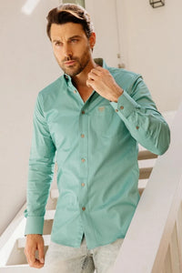 Men’s Single Pocket Logo Modern Fit Stretch Dress Shirt -Green