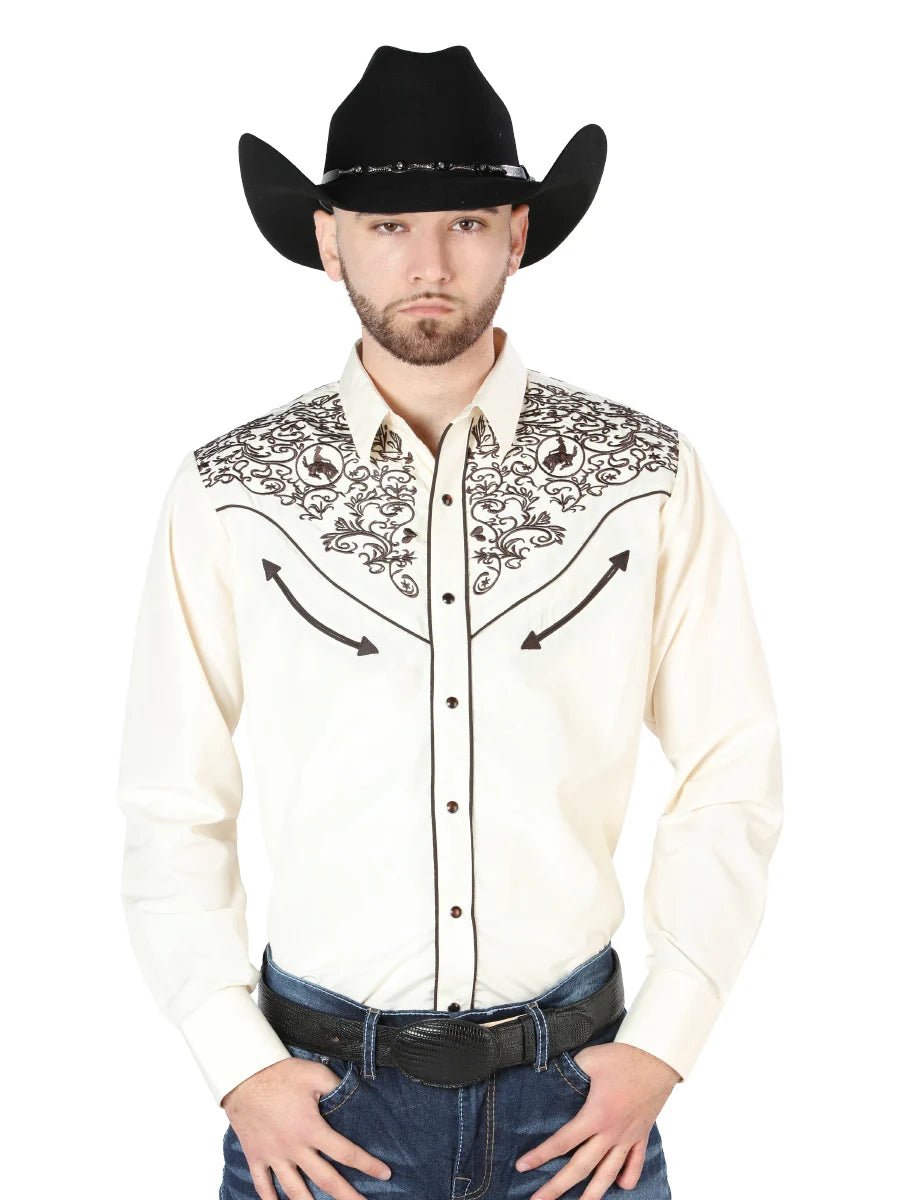 Men's Traditional Embroidered Western Shirt - Beige/Black 44189 - OriginalWestern.com
