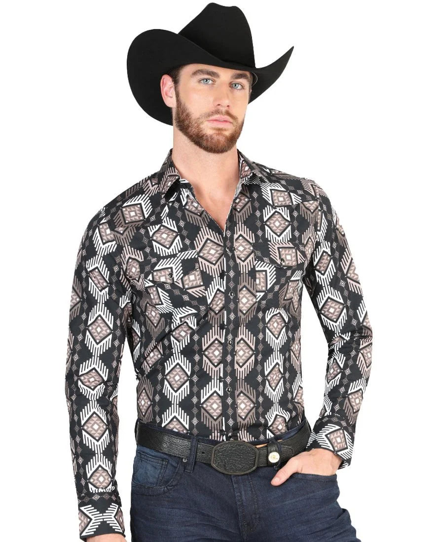 El General - Men's Black Western Shirt with Geometric Print 44427