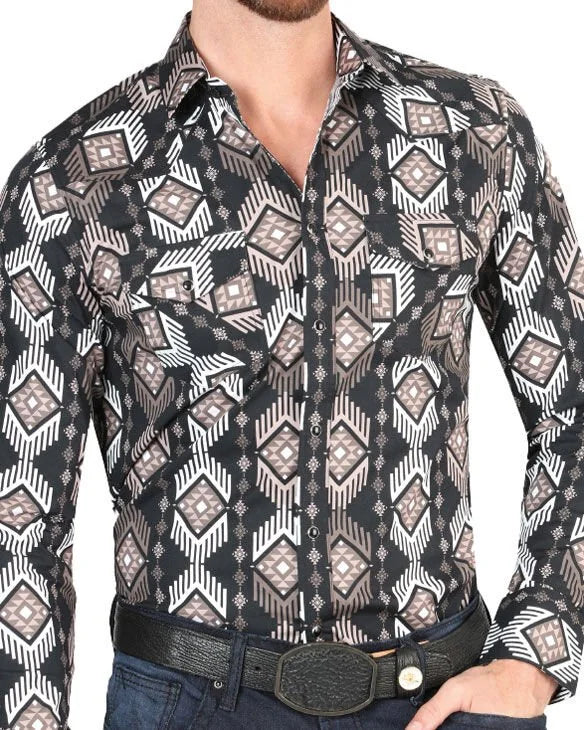 El General - Men's Black Western Shirt with Geometric Print 44427