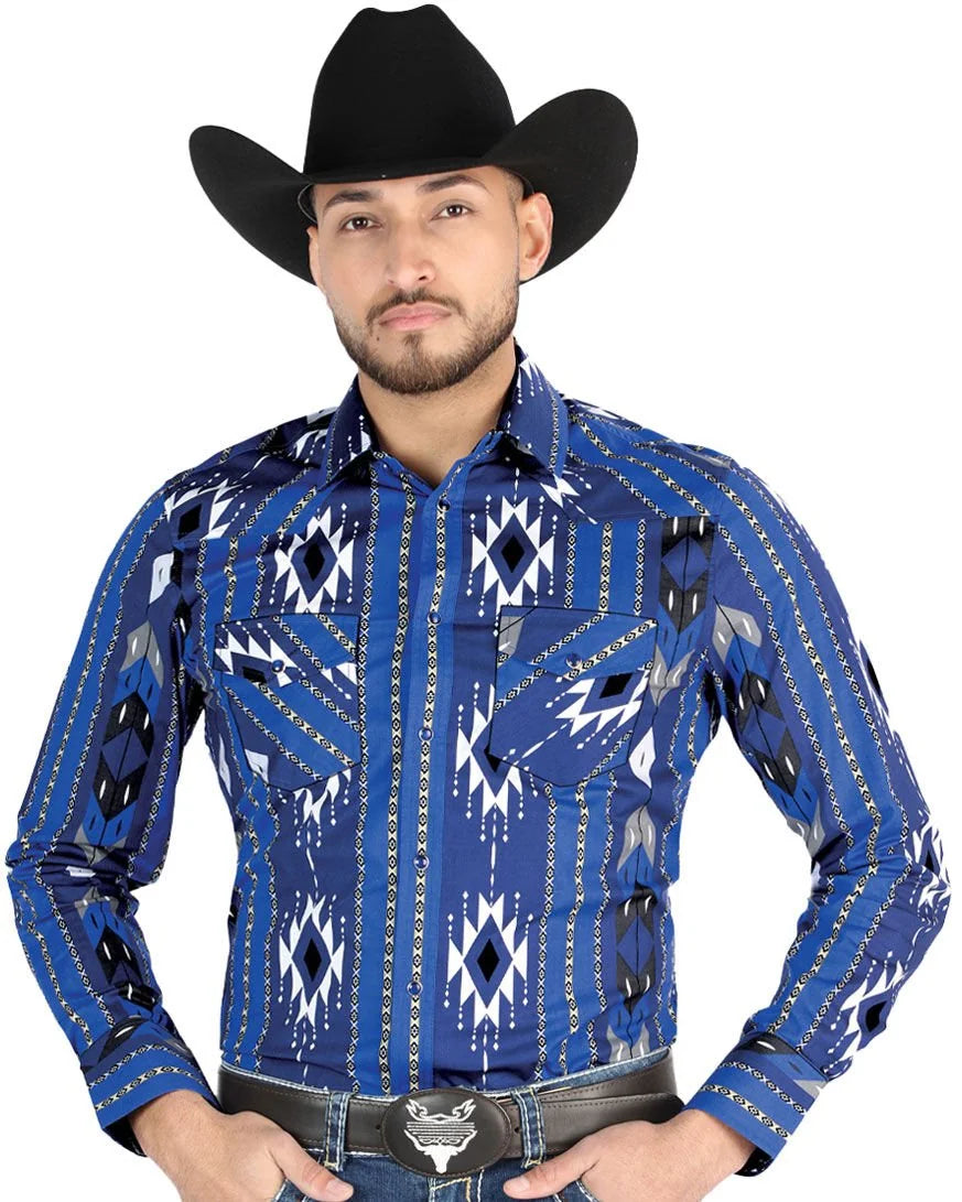 El General - Men's Blue Geometric Western Shirt  44474