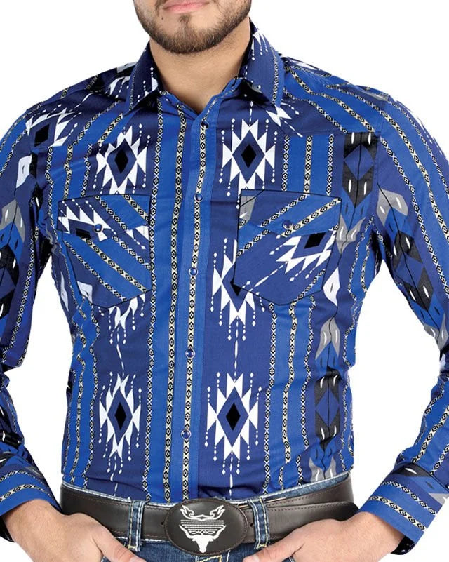 El General - Men's Blue Geometric Western Shirt  44474