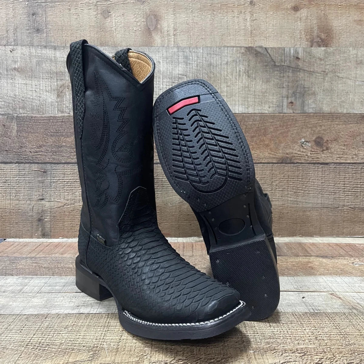Men's Western Cowboy Genuine Cow Leather with Python Print and Rubber Sole Est. 740 Black - OriginalWestern.com