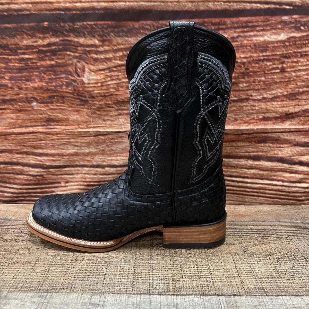 Men's Western Cowboy Hand Woven Square Toe Boots Petatillo Est.692 Black - OriginalWestern.com