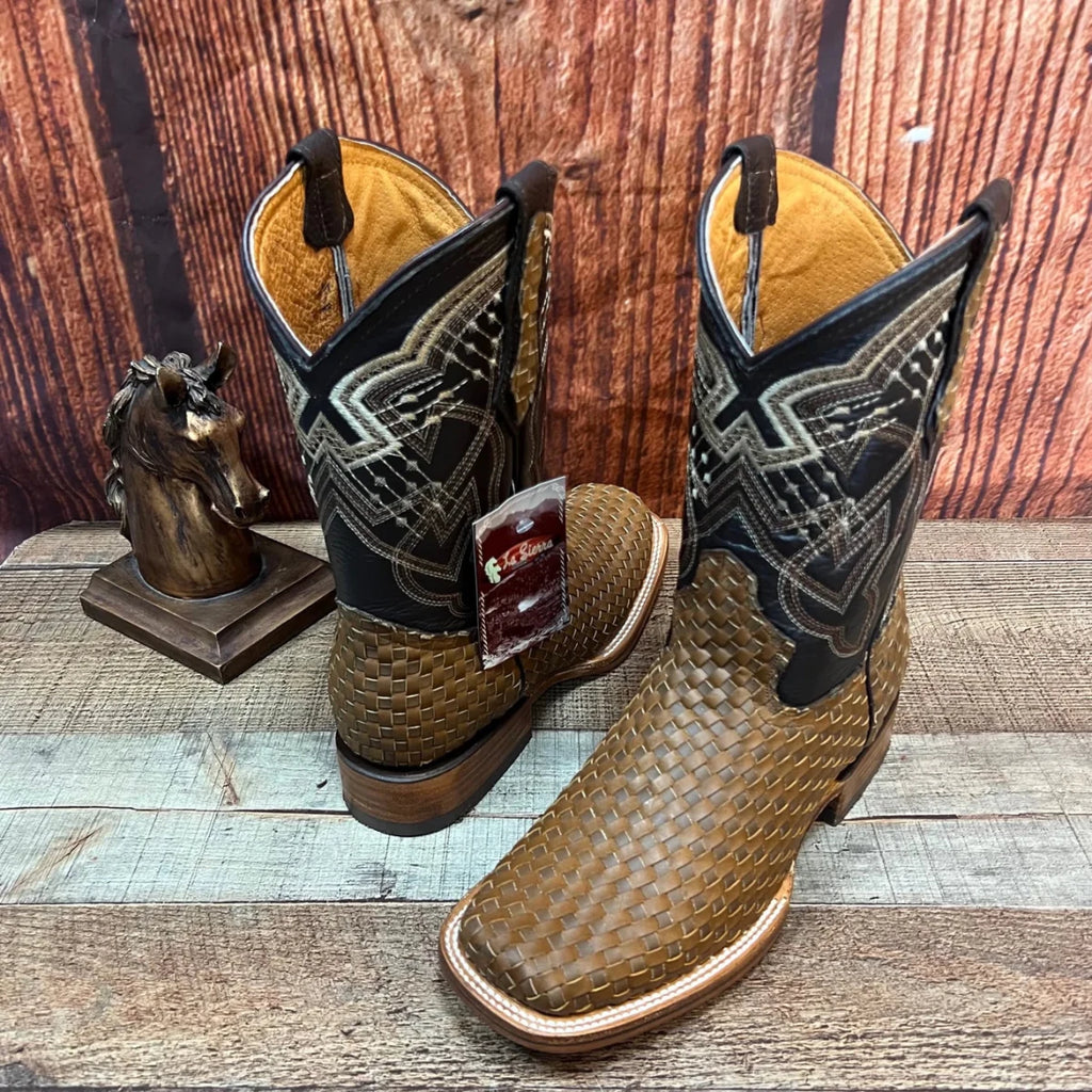 Men's Western Cowboy Hand Woven Square Toe Boots Petatillo Est.692 Sand - OriginalWestern.com