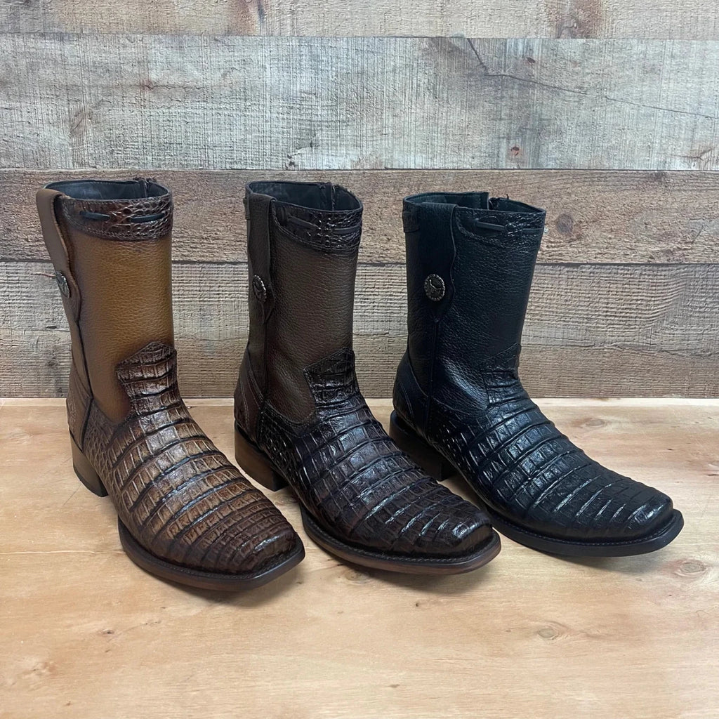 Men's Western Cowboy Side Zipper Genuine Leather with Caiman Print Dubai Toe Boots Est. 265 Black - OriginalWestern.com