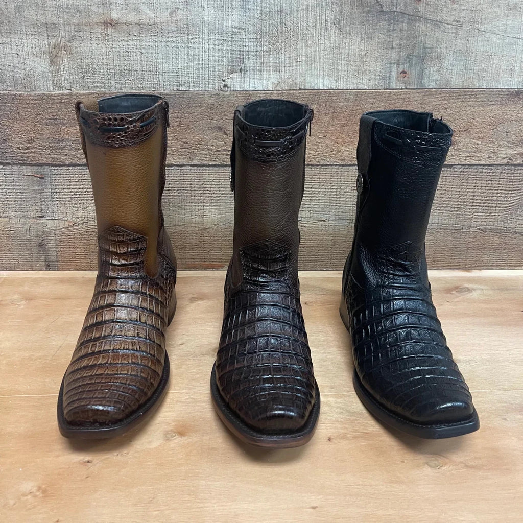 Men's Western Cowboy Side Zipper Genuine Leather with Caiman Print Dubai Toe Boots Est. 265 Black - OriginalWestern.com