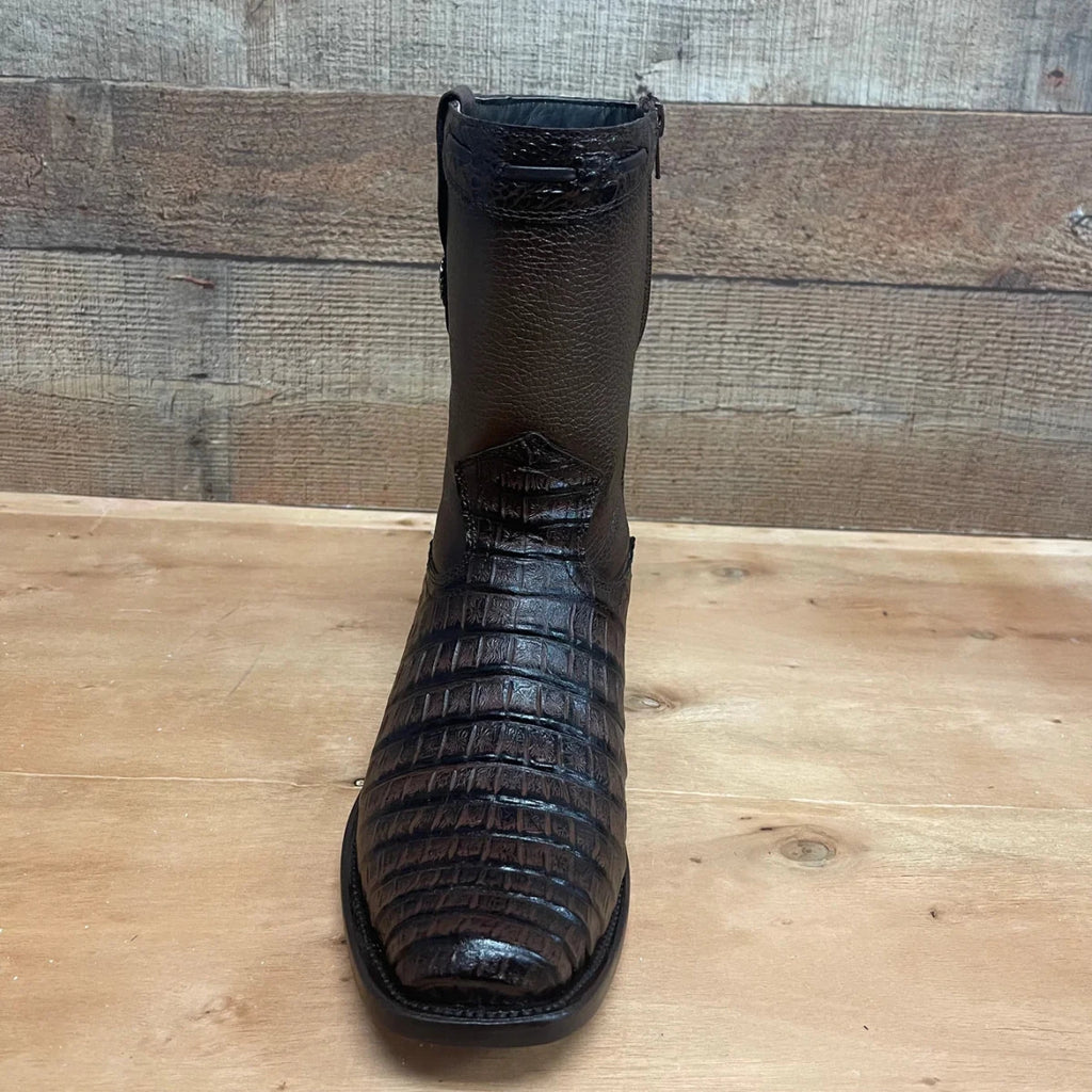 Men's Western Cowboy Side Zipper Genuine Leather with Caiman Print Dubai Toe Boots Est. 265 Brown - OriginalWestern.com