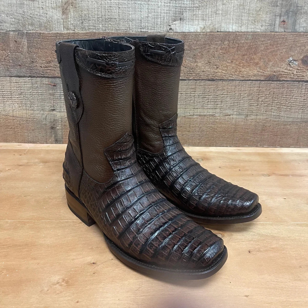 Men's Western Cowboy Side Zipper Genuine Leather with Caiman Print Dubai Toe Boots Est. 265 Brown - OriginalWestern.com