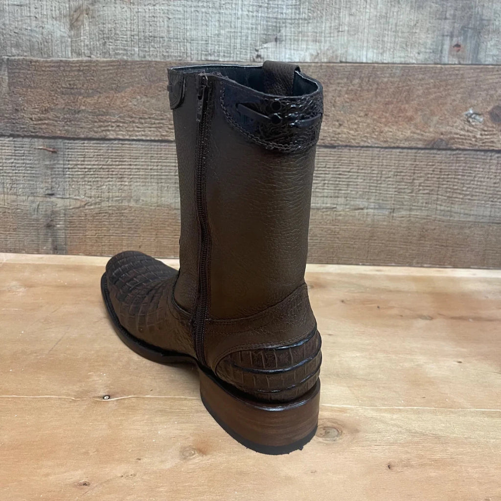 Men's Western Cowboy Side Zipper Genuine Leather with Caiman Print Dubai Toe Boots Est. 265 Brown - OriginalWestern.com