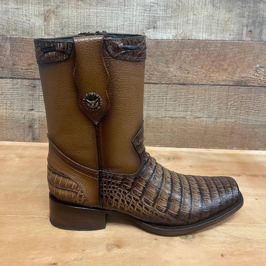 Men's Western Cowboy Side Zipper Genuine Leather with Caiman Print Dubai Toe Boots Est. 265 Honey - OriginalWestern.com