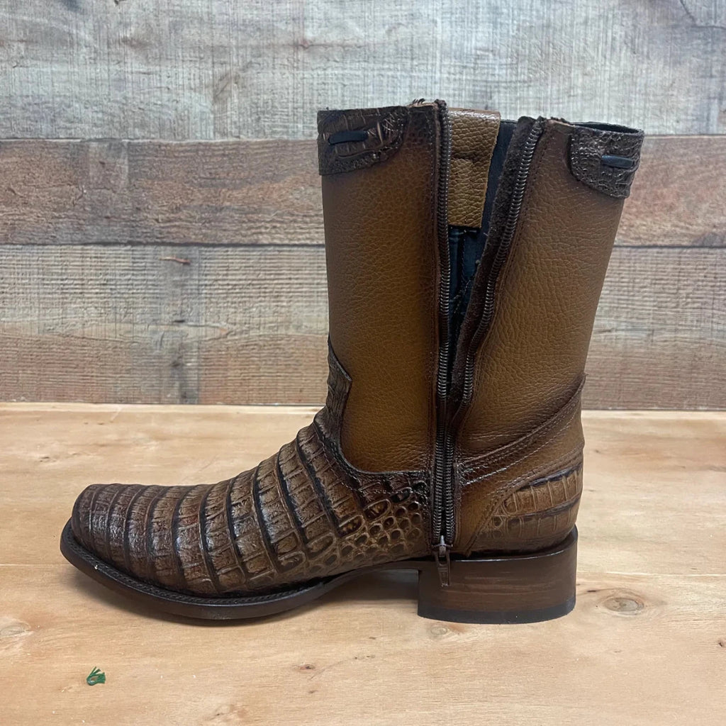 Men's Western Cowboy Side Zipper Genuine Leather with Caiman Print Dubai Toe Boots Est. 265 Honey - OriginalWestern.com