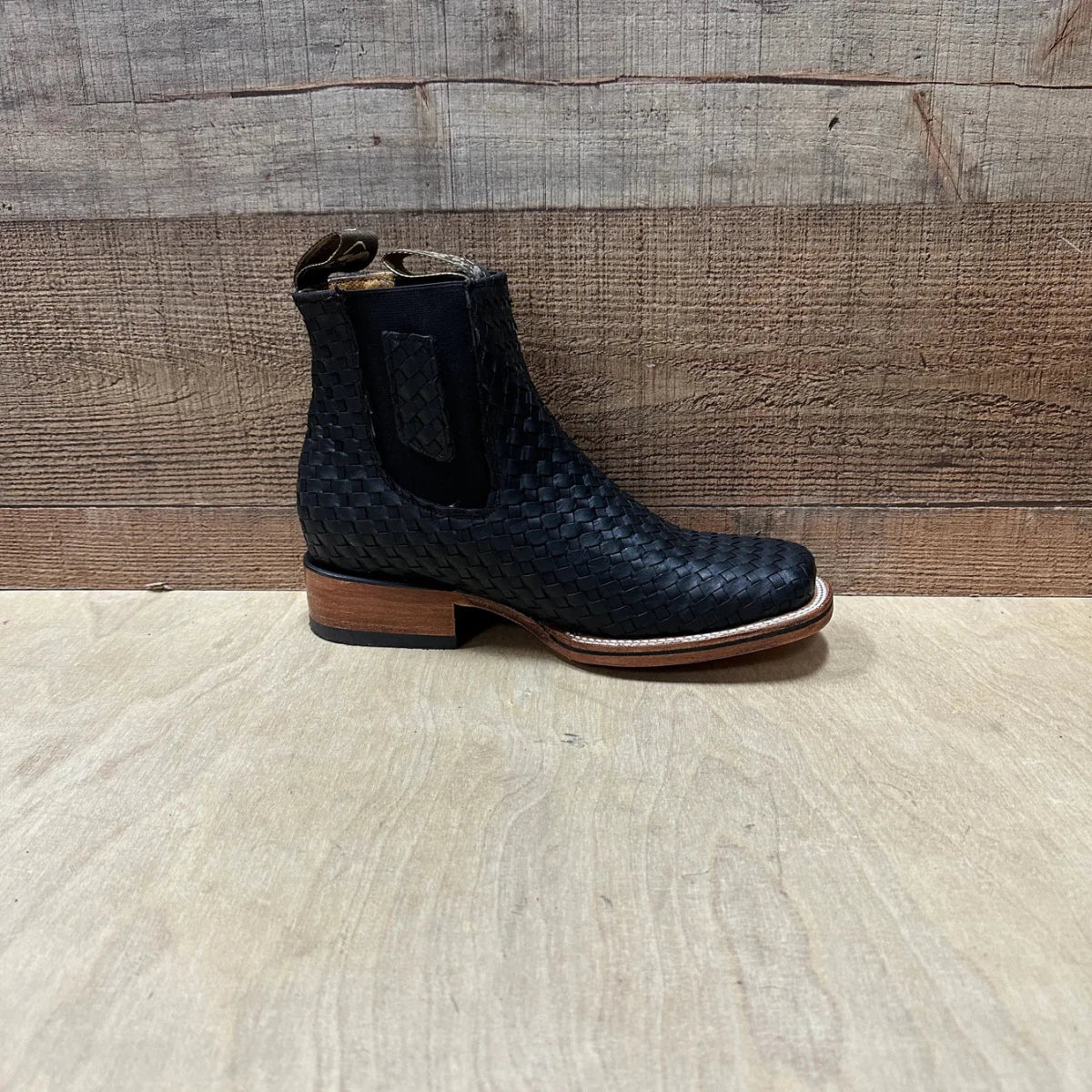 Men's Western Cowboy Woven Leather Square Toe Half Ankle Boot Est. 716 Black - OriginalWestern.com