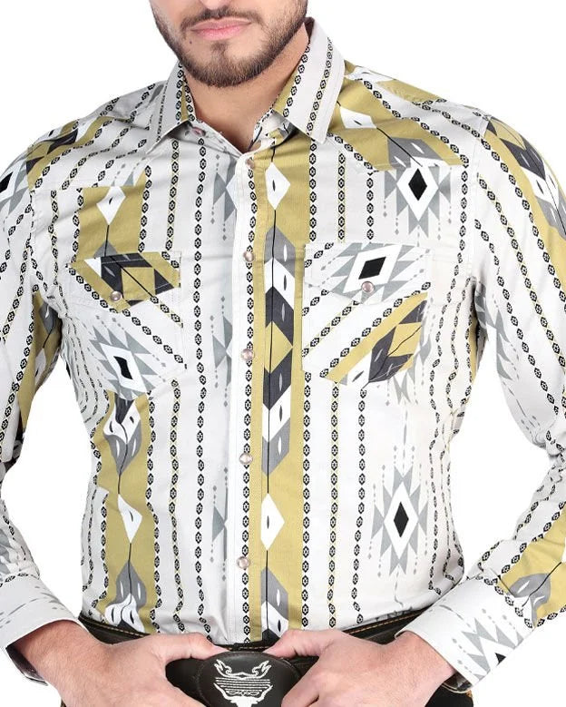 El General - Men's Gray Western Shirt with Geometric Print  44473