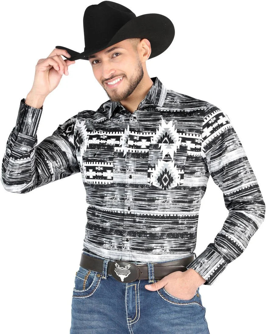 El General - Men's Gray Western Shirt with Tribal Print  44488