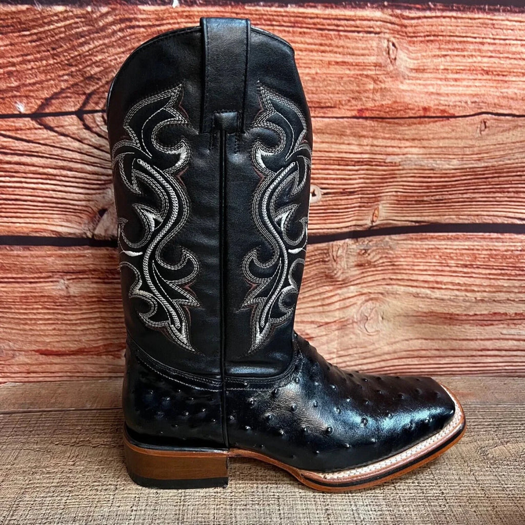 Men's Western Ostrich Print Leather Cowboy Square Toe Boots Est. 380 Black - OriginalWestern.com