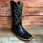 Men's Western Ostrich Print Leather Cowboy Square Toe Boots Est. 380 Black - OriginalWestern.com