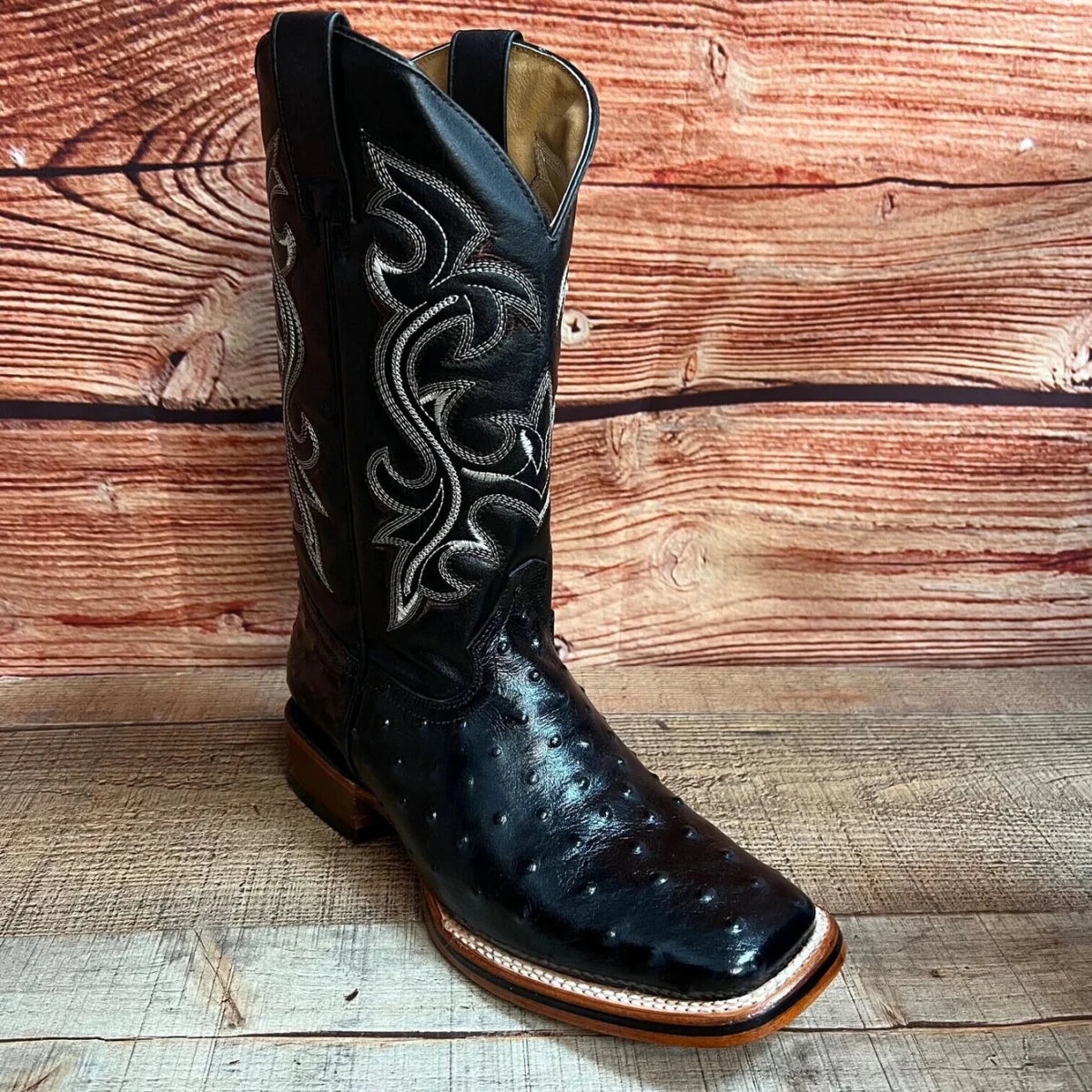 Men's Western Ostrich Print Leather Cowboy Square Toe Boots Est. 380 Black - OriginalWestern.com