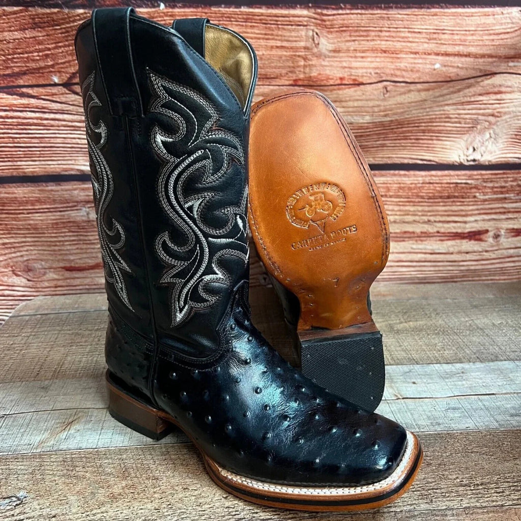 Men's Western Ostrich Print Leather Cowboy Square Toe Boots Est. 380 Black - OriginalWestern.com