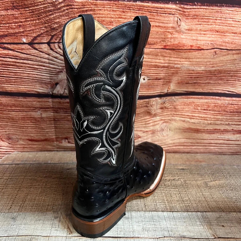 Men's Western Ostrich Print Leather Cowboy Square Toe Boots Est. 380 Black - OriginalWestern.com