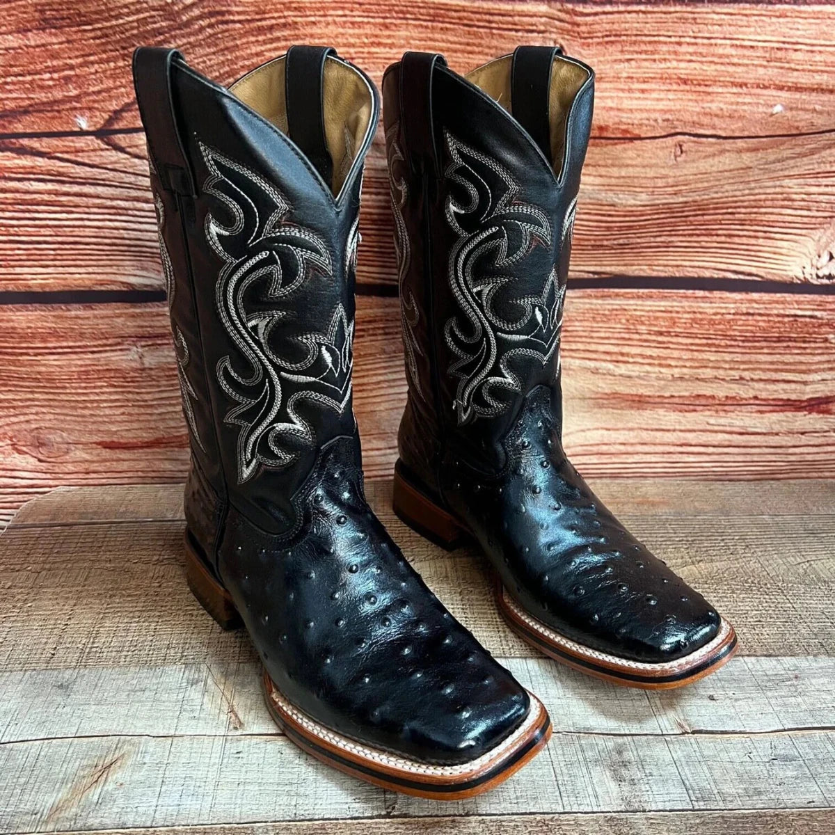 Men's Western Ostrich Print Leather Cowboy Square Toe Boots Est. 380 Black - OriginalWestern.com