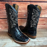 Men's Western Ostrich Print Leather Cowboy Square Toe Boots Est. 380 Black - OriginalWestern.com