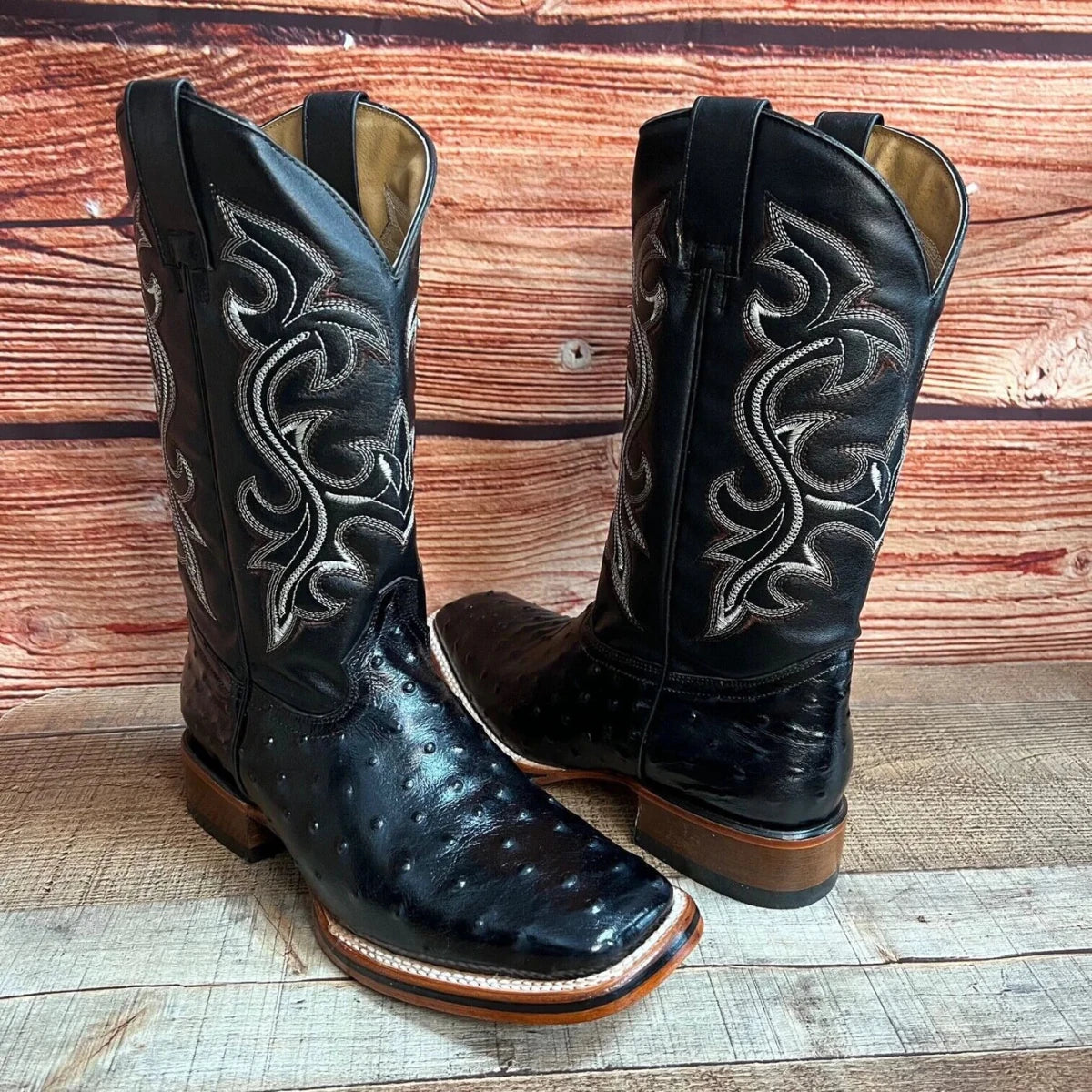 Men's Western Ostrich Print Leather Cowboy Square Toe Boots Est. 380 Black - OriginalWestern.com