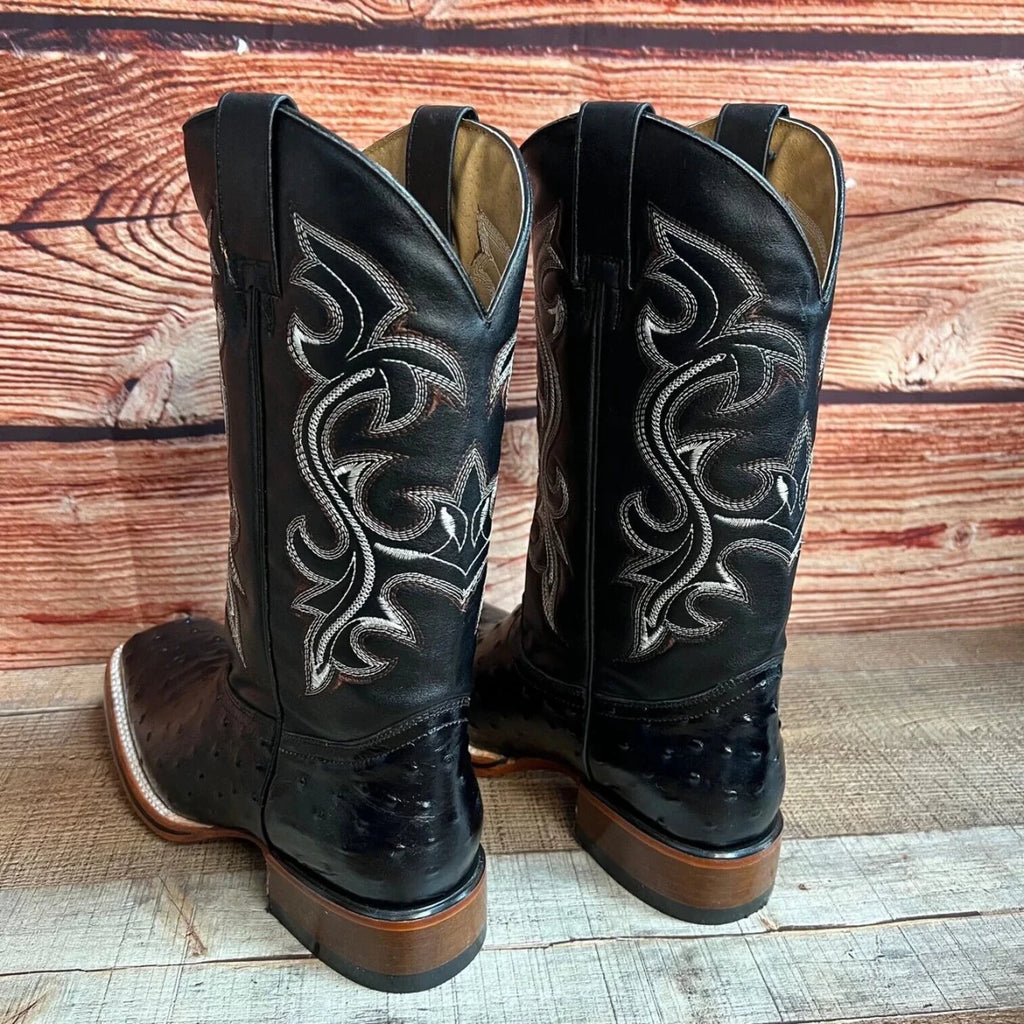 Men's Western Ostrich Print Leather Cowboy Square Toe Boots Est. 380 Black - OriginalWestern.com