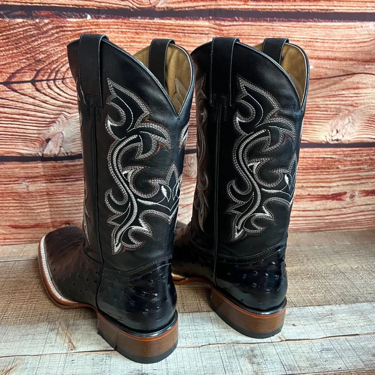 Men's Western Ostrich Print Leather Cowboy Square Toe Boots Est. 380 Black - OriginalWestern.com