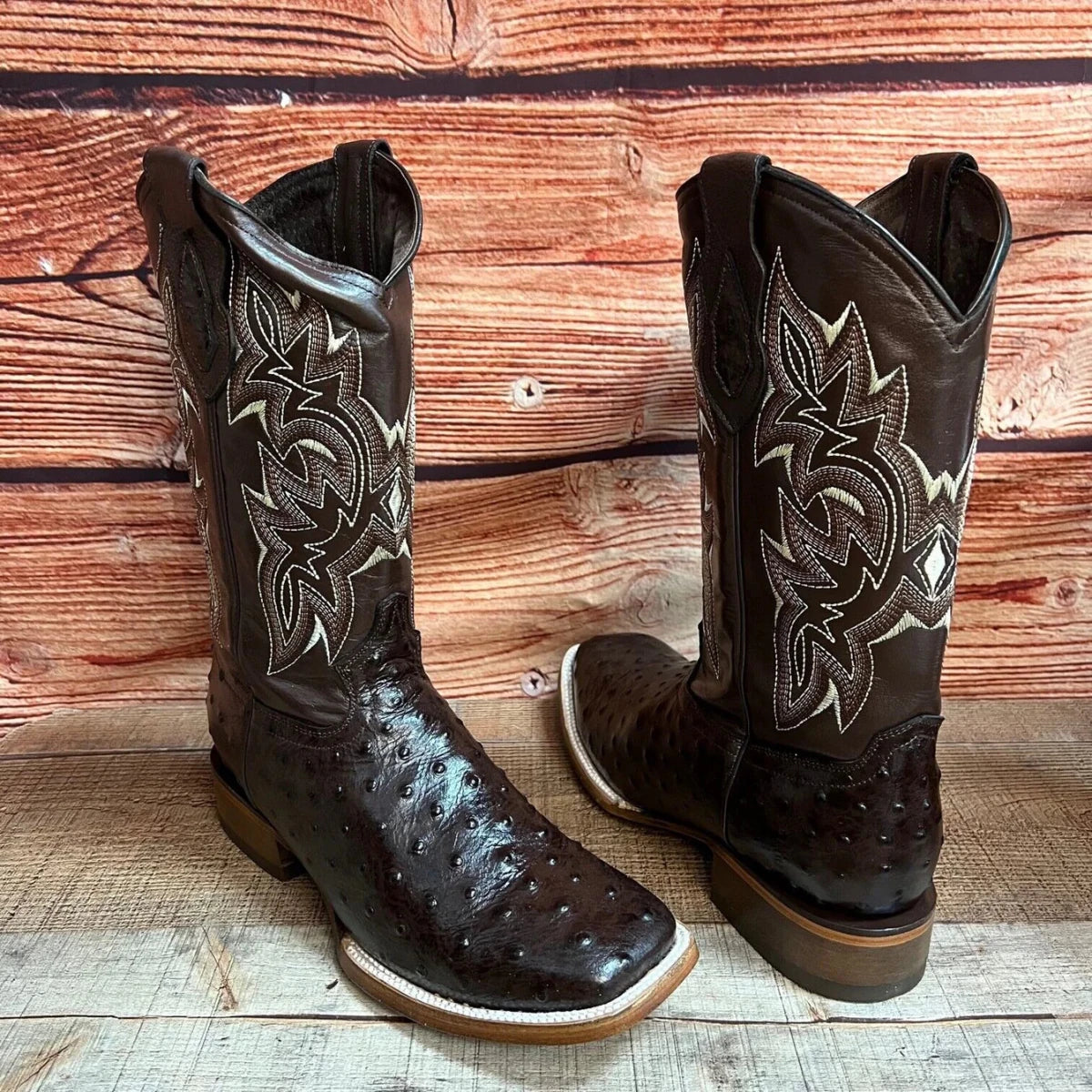 Men's Western Ostrich Print Leather Cowboy Square Toe Boots Est. 380 Brown - OriginalWestern.com