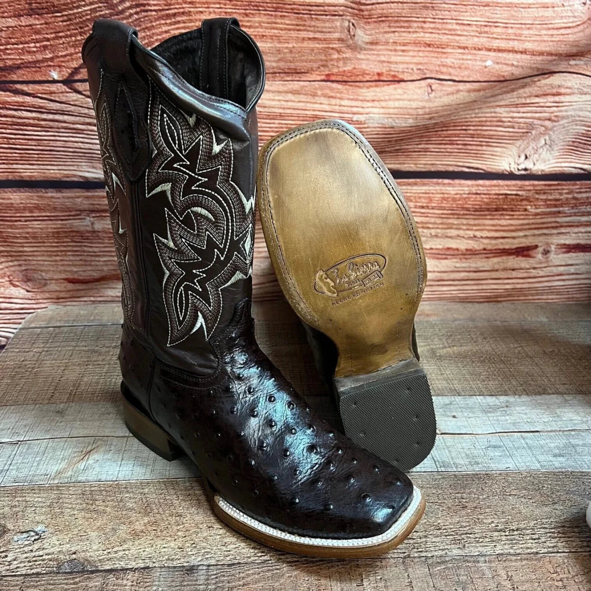 Men's Western Ostrich Print Leather Cowboy Square Toe Boots Est. 380 Brown - OriginalWestern.com