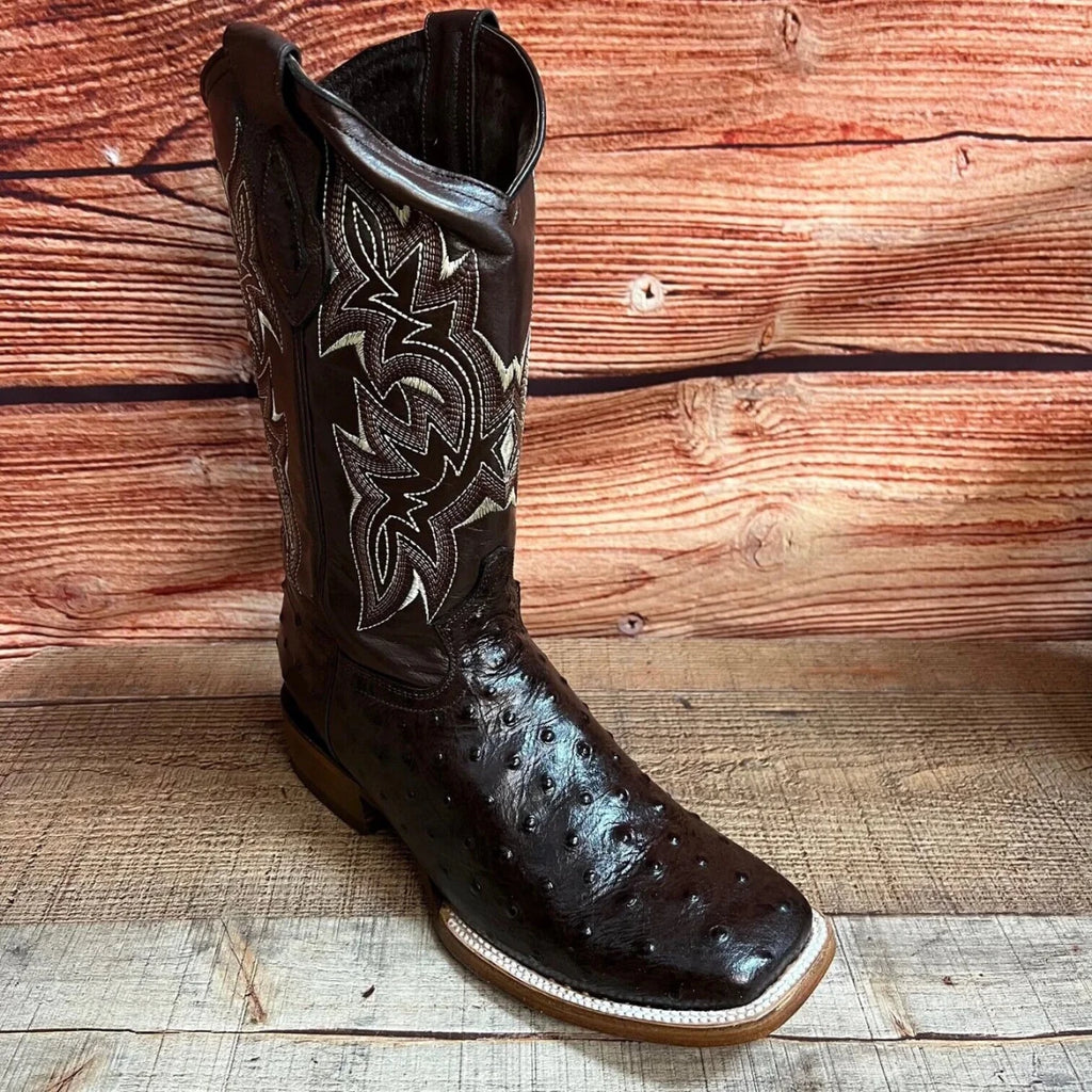 Men's Western Ostrich Print Leather Cowboy Square Toe Boots Est. 380 Brown - OriginalWestern.com