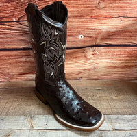 Men's Western Ostrich Print Leather Cowboy Square Toe Boots Est. 380 Brown - OriginalWestern.com