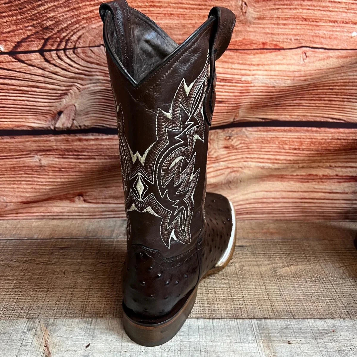 Men's Western Ostrich Print Leather Cowboy Square Toe Boots Est. 380 Brown - OriginalWestern.com