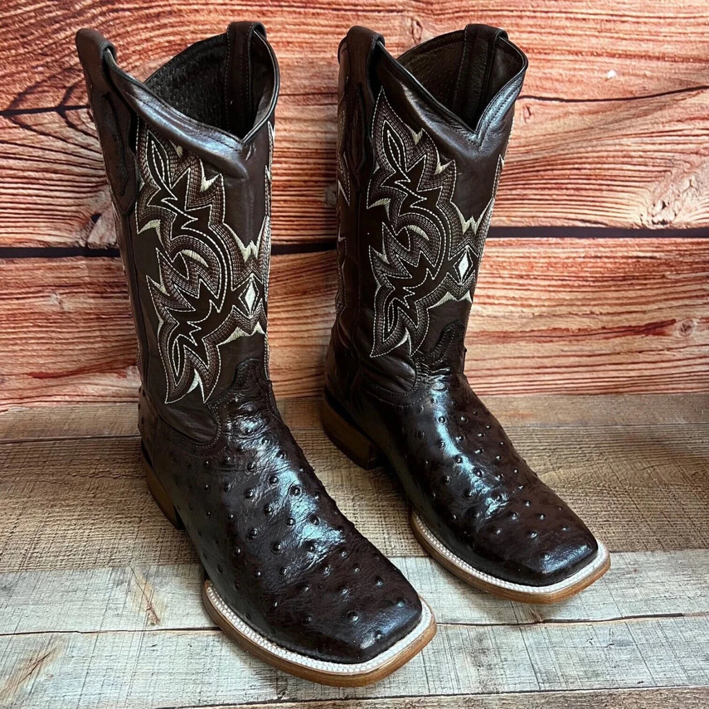 Men's Western Ostrich Print Leather Cowboy Square Toe Boots Est. 380 Brown - OriginalWestern.com