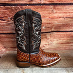 Men's Western Ostrich Print Leather Cowboy Square Toe Boots Est. 380 Cognac - OriginalWestern.com