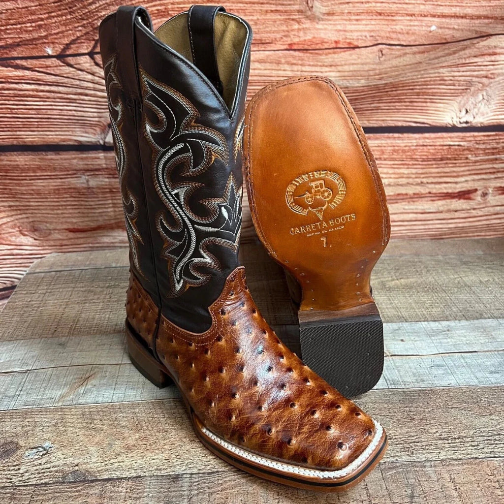 Men's Western Ostrich Print Leather Cowboy Square Toe Boots Est. 380 Cognac - OriginalWestern.com