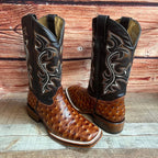 Men's Western Ostrich Print Leather Cowboy Square Toe Boots Est. 380 Cognac - OriginalWestern.com
