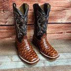Men's Western Ostrich Print Leather Cowboy Square Toe Boots Est. 380 Cognac - OriginalWestern.com
